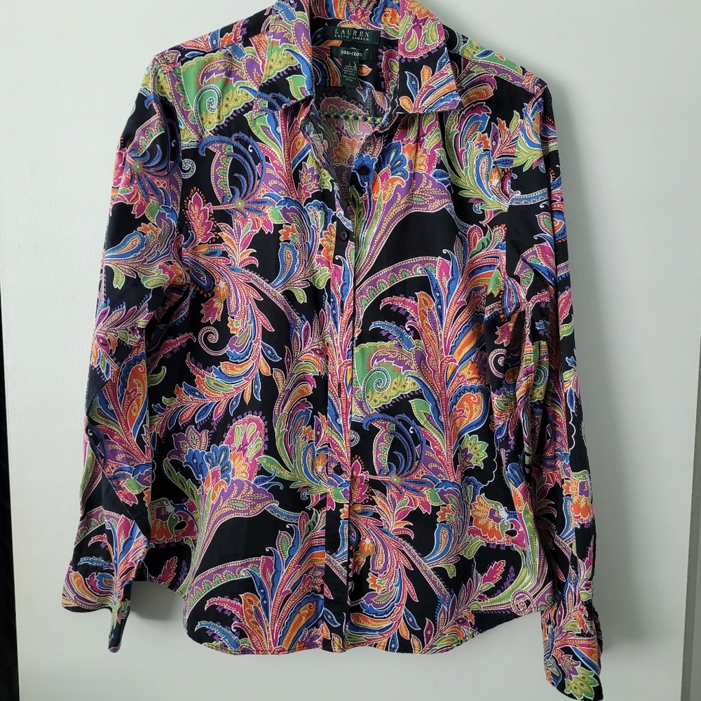 Lauren Ralph Lauren Shirt Womens Size L Paisley Dress Button Down Colorful 70s